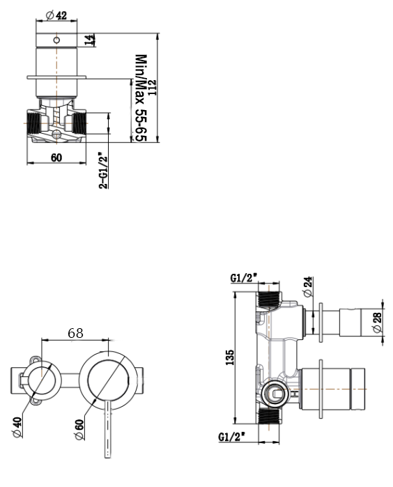 Mica Shower Mixer Diverter – Sideways – TRIM KIT ONLY