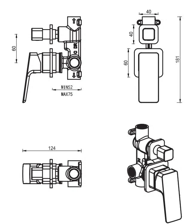 Tiago Shower Mixer Diverter – 2P – TRIM KIT ONLY