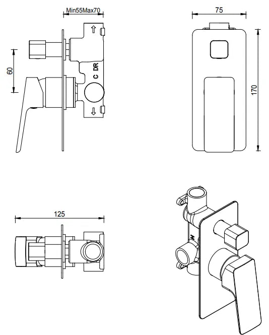Tiago Shower Mixer Diverter – TRIM KIT ONLY
