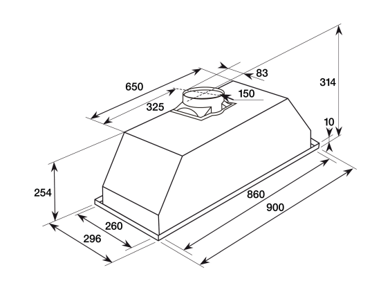 Technical drawing of a range hood with dimensions and vent placement specifications