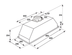 Technical drawing of a range hood with dimensions and vent placement specifications