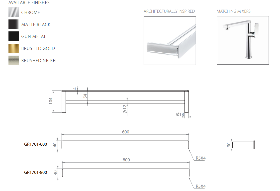 The Galaxy 600mm Double Towel Rail Chrome,Matte Black, Gun metal, Brushed nickel, Brushed Gold