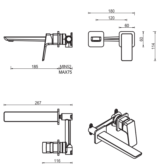 Tiago Wall-Spout Combo – 2P – TRIM KIT ONLY