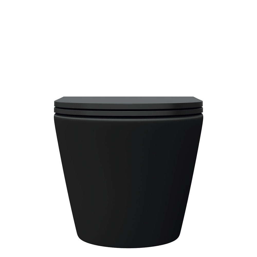 Modern black ceramic toilet with a closed lid and sleek, minimalist design.