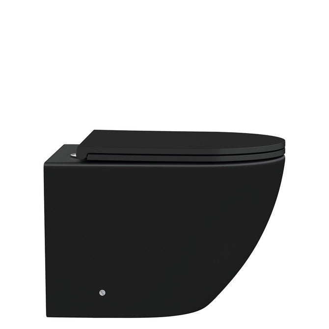 Black wall-mounted toilet with a sleek, modern design and soft-close lid.