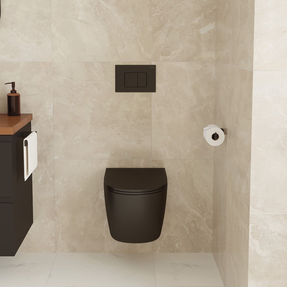 Modern bathroom with a black wall-mounted toilet, flush plate, and beige tiled walls.