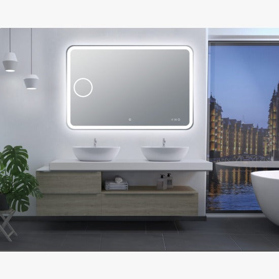 NITHYA 1200x800mm Curved Rim Rectangle 3 Color Lighting LED Mirror Magnifier Touch Sensor Switch Defogger Pad Wall Mounted Digital Clock with Temperature
