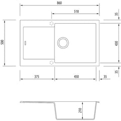 FLORENCE Black Single Bowl Topmount Sink With Drainer In 450x430x210mm