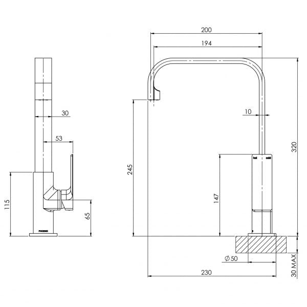 Phoenix GLOSS Sink Mixer 200mm Squareline