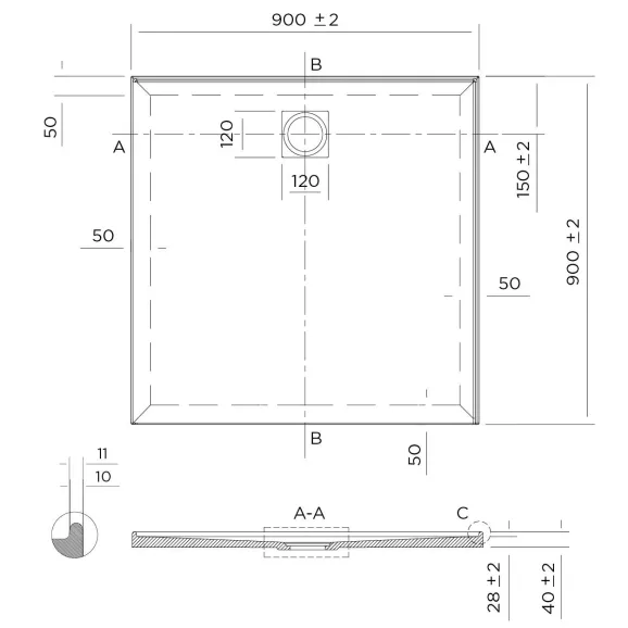 SLIM Shower Base Rear Waste 900x900, 1000x1000, 1200x900, 900x1200