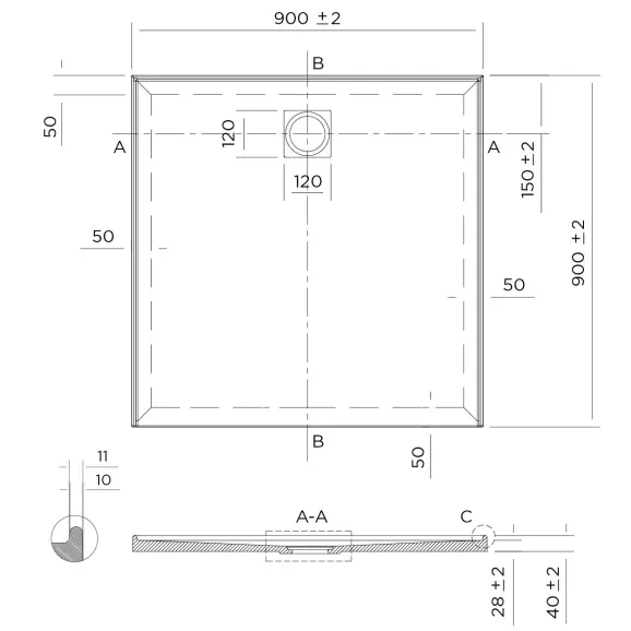 SLIM Shower Base Rear Waste 900x900, 1000x1000, 1200x900, 900x1200