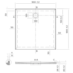 SLIM Shower Base Rear Waste 900x900, 1000x1000, 1200x900, 900x1200