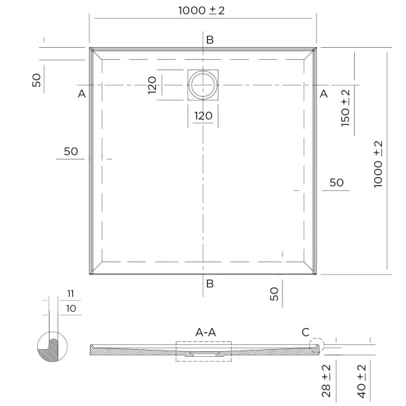 SLIM Shower Base Rear Waste 900x900, 1000x1000, 1200x900, 900x1200