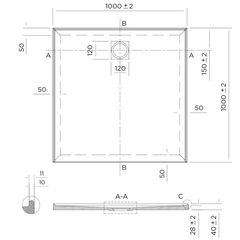 SLIM Shower Base Rear Waste 900x900, 1000x1000, 1200x900, 900x1200