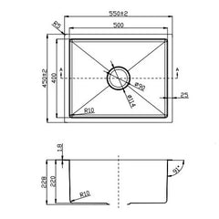 SPECTER Handmade Stainless Steel Under/Topmount Kitchen Laundry Single Sink in Size 550*450*220