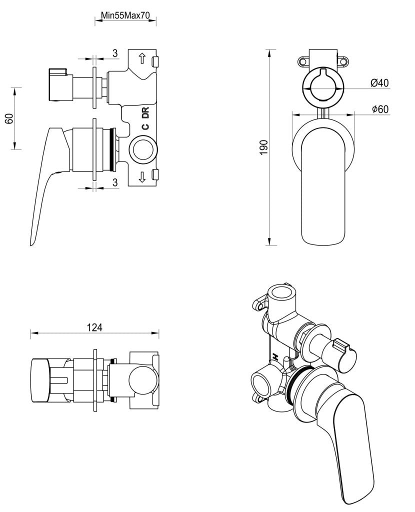 Kaza Shower Mixer Diverter – 2P – TRIM KIT ONLY