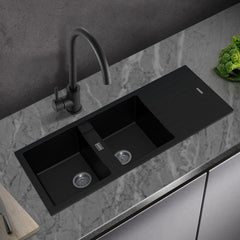 Black Granite Quartz Stone Kitchen Sink Double Bowls Drainboard Top/Undermount 1160*500*200mm