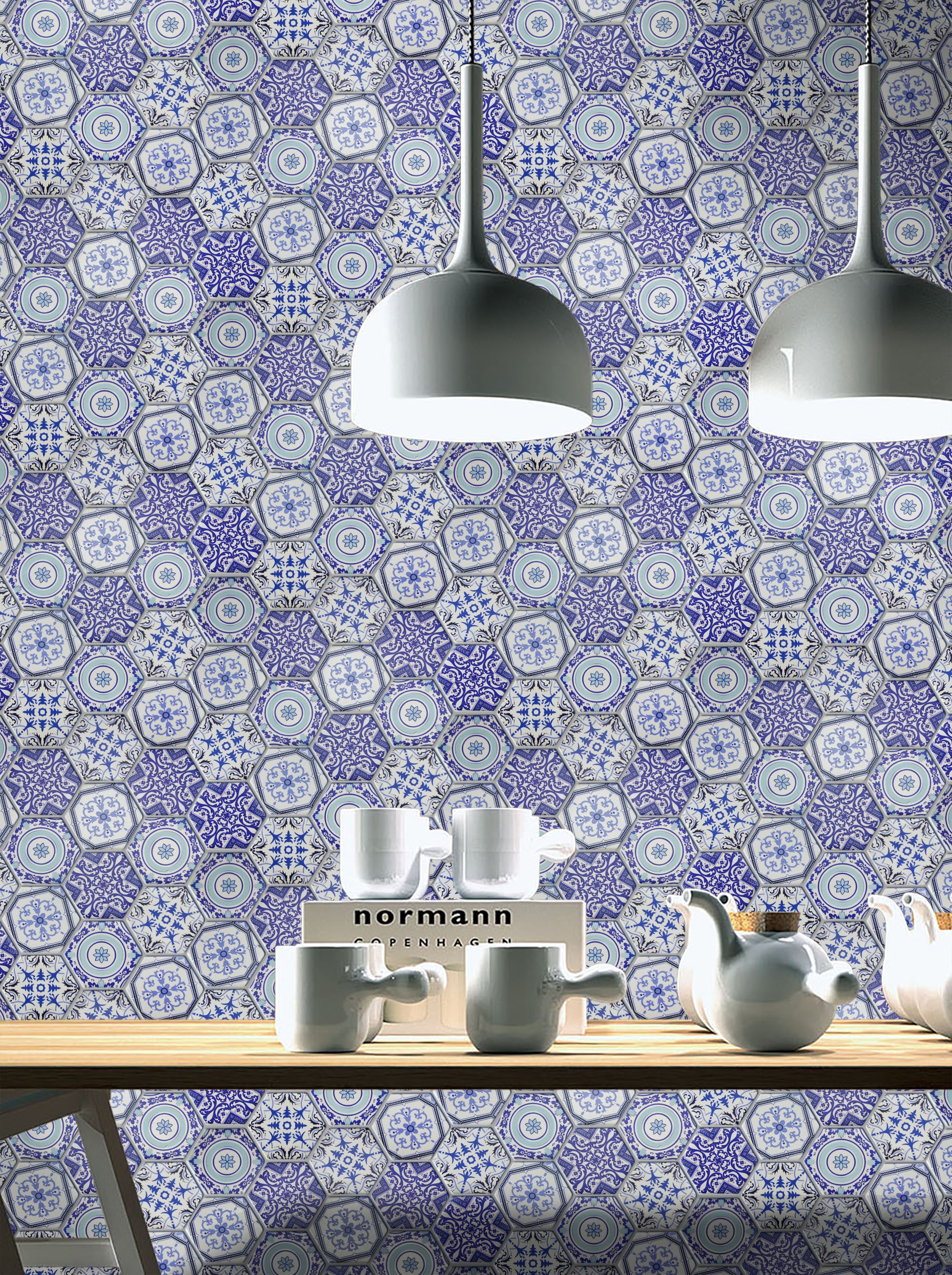 GS001 ARABIA BLUE PATTERNED HEXAGON SATIN 73X73
