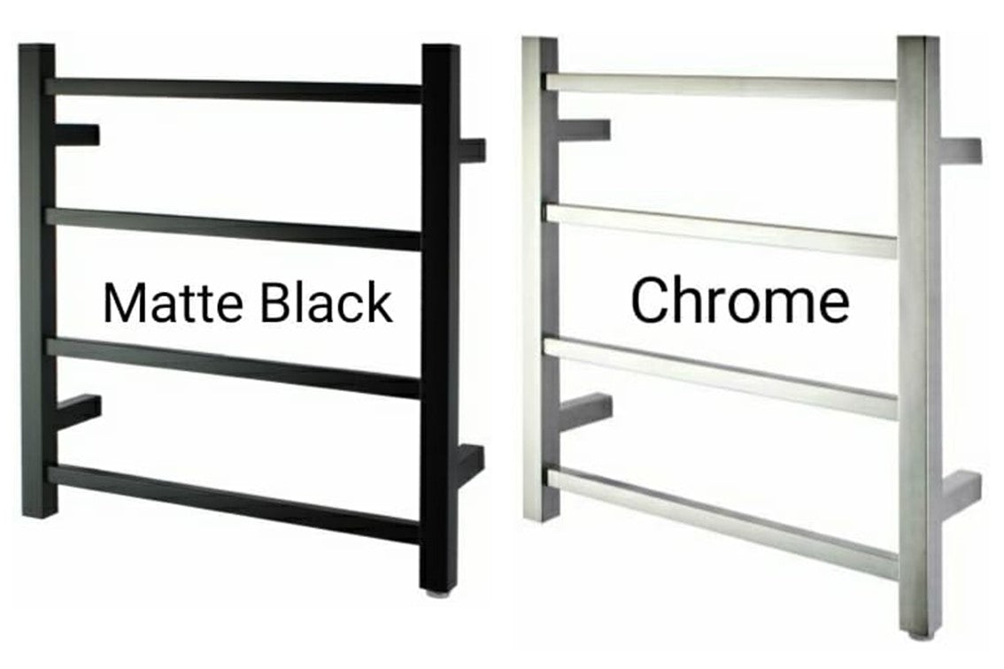 PERLA Square Heated Towel Ledder With 4 Bars In Chrome, And Matte Black In W500xH520xD120
