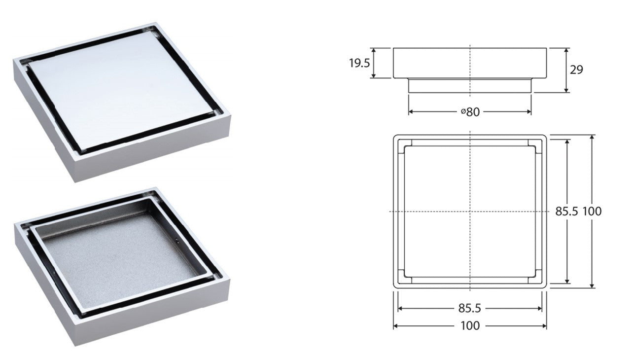 SMART Square Tile Insert 2-in-1 Floor Waste, 100x100mm With 80mm Outle