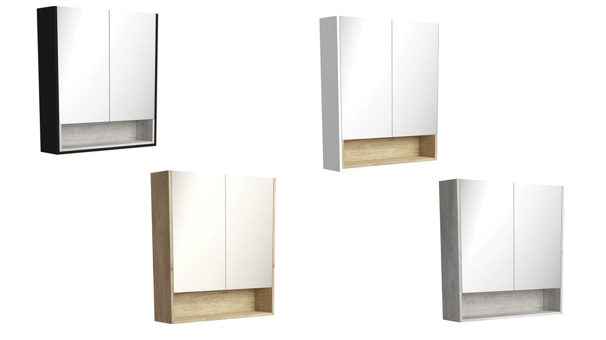 750 Mirror Cabinet with Display Shelf, Satin White with Scandi Oak Insert,Scandi Oak,Industrial,Industrial Insert