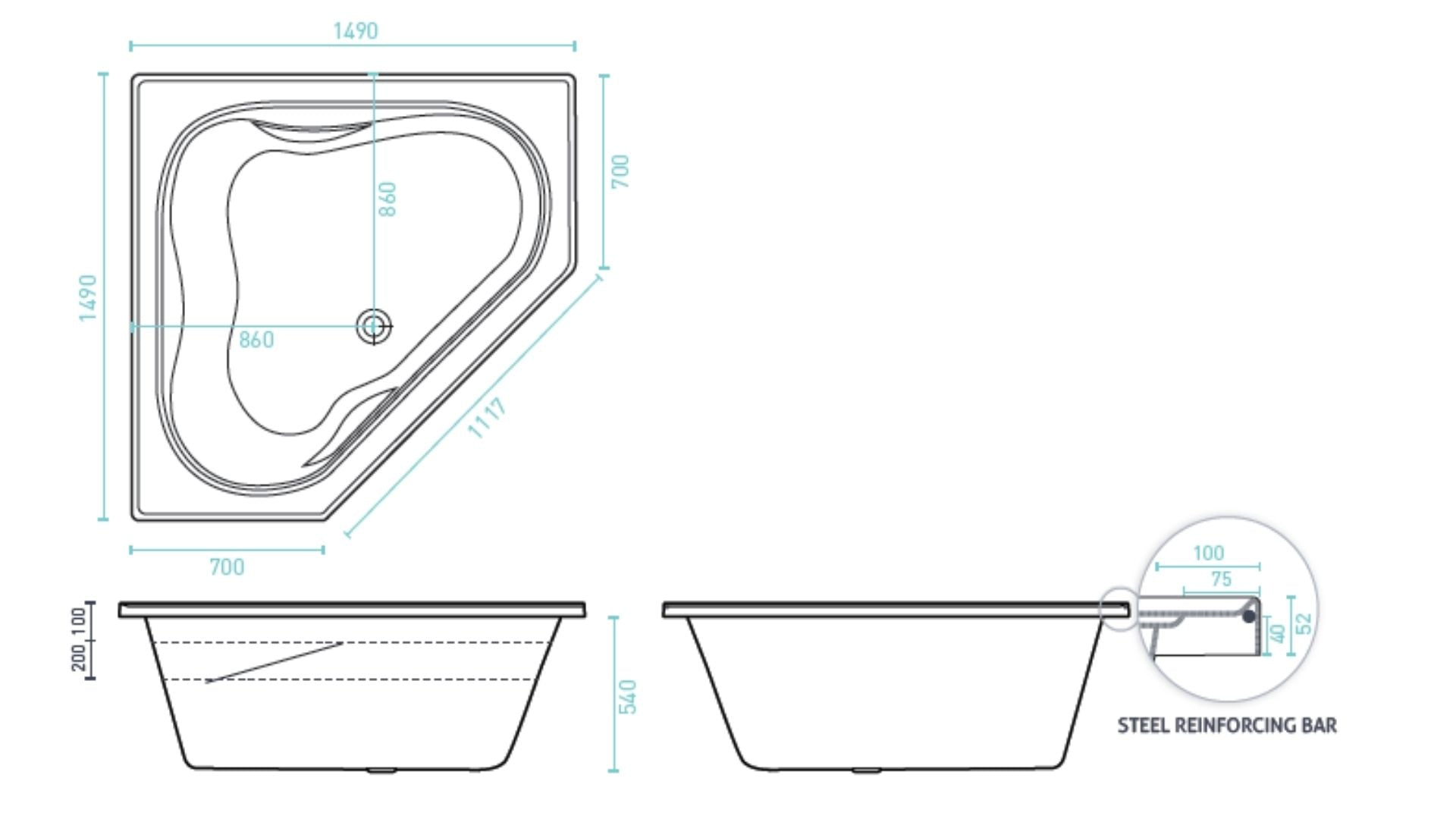 POSITANO Inset Bath or Spa Bath With Sizes 1490 mm And 16/24 Flush Jets