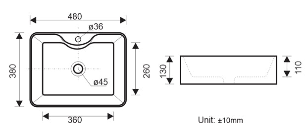 QUADRO 480 ABOVE COUNTER BASIN WITH TAP HOLE