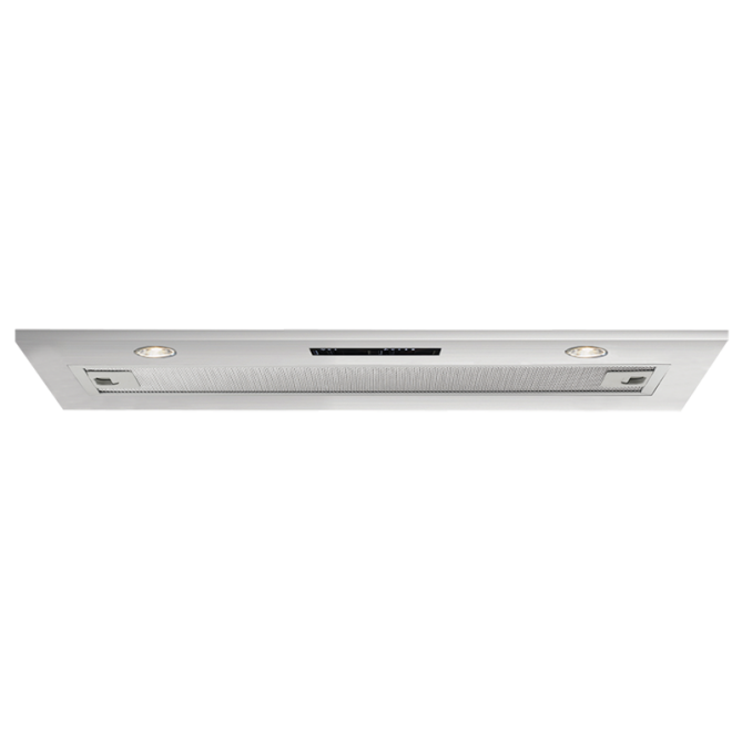 Modern stainless steel built-in range hood with LED lights and vent filters for kitchen ventilation.