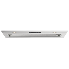 Modern stainless steel built-in range hood with LED lights and vent filters for kitchen ventilation.