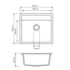 Dio 560 x 510 x 200mm Carysil Concrete Grey Single Bowl Granite Top/Flush/Under Mount Kitchen/Laundry Sink