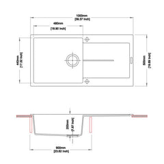 Zill 1000 x 500 x 200mm Carysil Black Single Bowl With Drainer Board Granite Kitchen Sink Top Mount