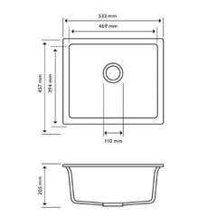 Zill 533 x 457 x 205mm Carysil Concrete Grey Single Bowl Granite Kitchen/Laundry Sink Top/Flush/Under Mount
