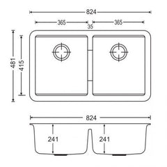 Zill 824 x 481 x 241mm Carysil Concrete Double Bowls Granite Undermount Kitchen Sink in Grey,whiteand black