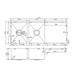 Pollo 1160x460x230mm 1.2mm Handmade Top/Undermount Double Bowls Kitchen Sink