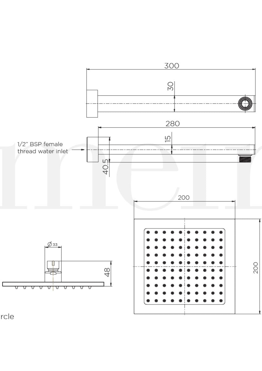 Meir SQUARE Wall Shower 200mm Rose, 300mm Arm