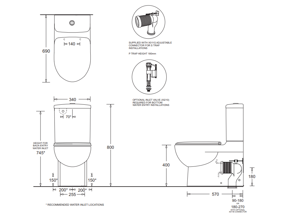 MILANO Flush To Wall Toilet Suite S or P Trap & Top or Bottom Inlet