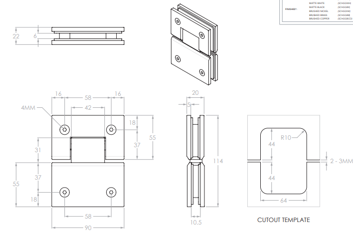 Shower Screen Hinge - Glass to Glass Chrome, Matte White, Matte Black,Brushed Nicke,BrushBrushed Brassed Copper,