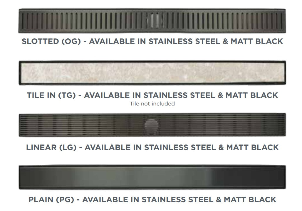 DANDY Tiled Shower Base With Rare Channel Grate in Chrome or Matte Black, Size 900 to 2150mm