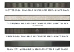 DANDY Tiled Shower Base With Rare Channel Grate in Chrome or Matte Black, Size 900 to 2150mm