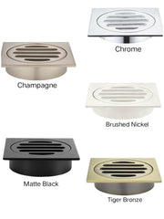 Meir SQUARE Floor Grate Shower Drain 80mm Outlet In Chrome - Matte Black - Tiger Bronze - Champagne - Brushed Nickel